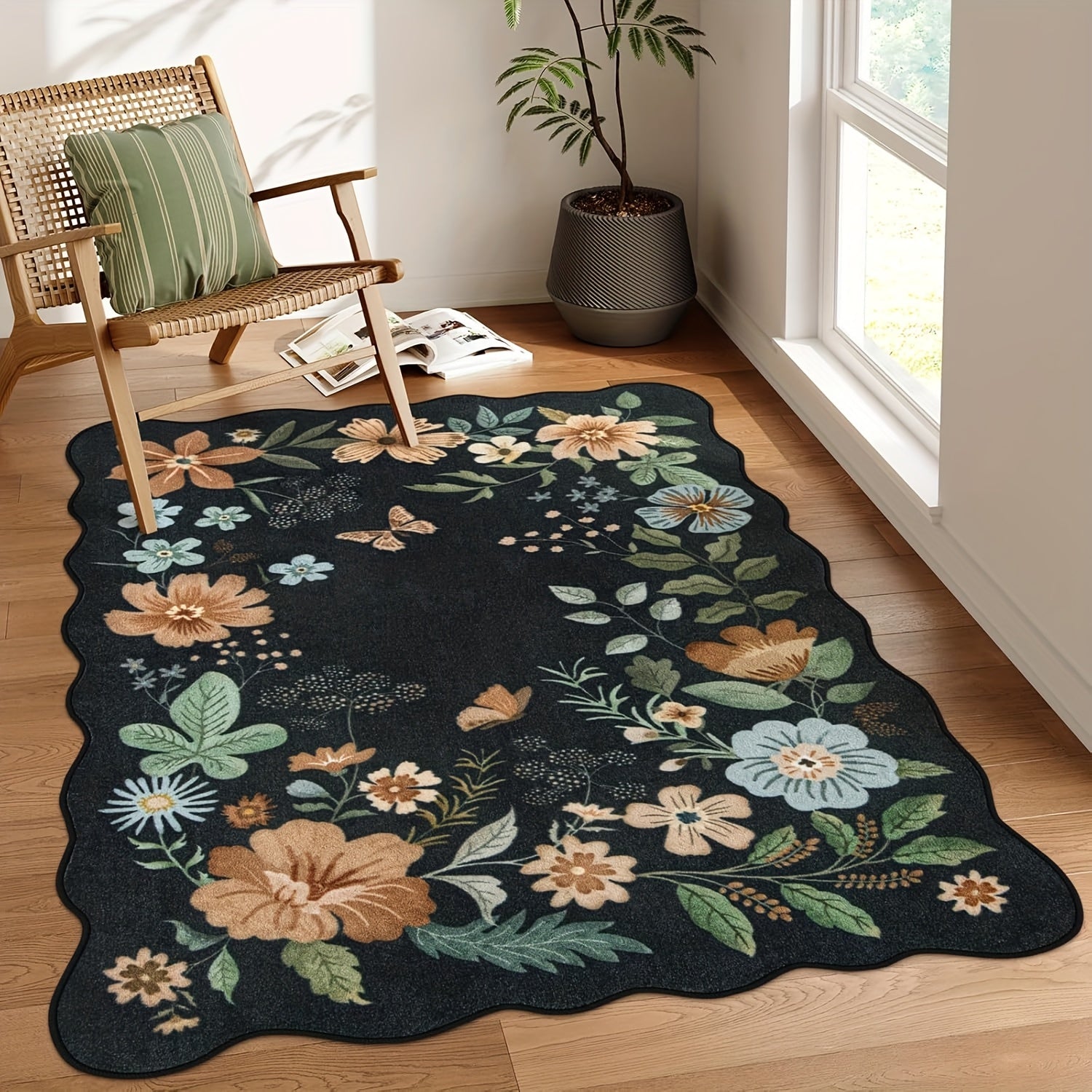 Large Ultra-Thin Floral Area Mat – Washable, Non-Slip,, Lightweight Boho Decor for Bedroom, Living Room, or Office (Black\u002FGrey)