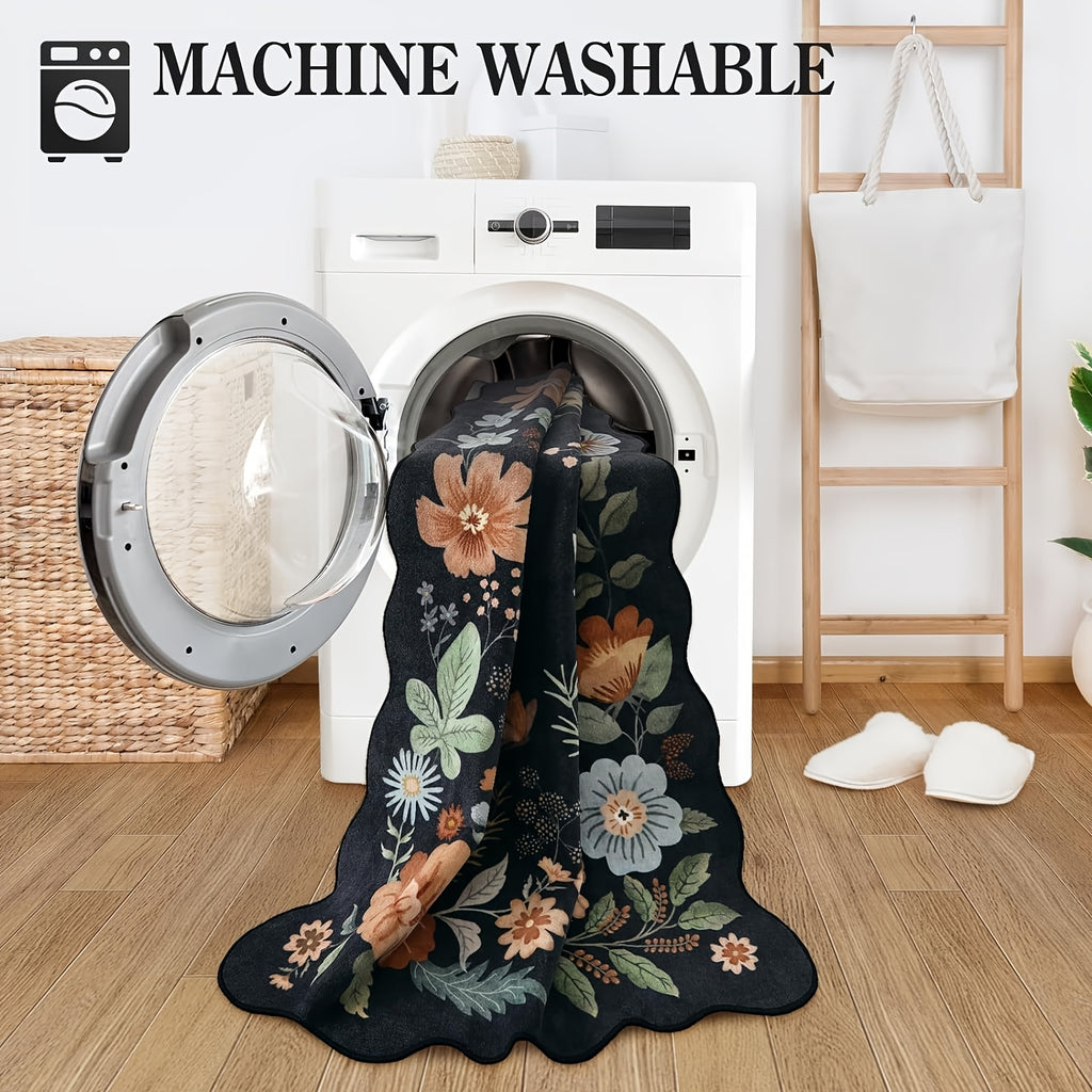 Large Ultra-Thin Floral Area Mat – Washable, Non-Slip,, Lightweight Boho Decor for Bedroom, Living Room, or Office (Black\u002FGrey)
