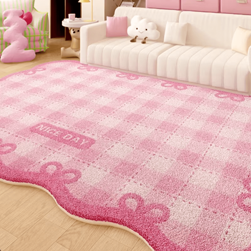 Fluffy Plaid Area Rug High Pile Fluffy Plaid Area Rug - Non-Slip Washable Polyester Carpet - Irregular Pink Decorative Mat for Bedroom, Indoor, Room