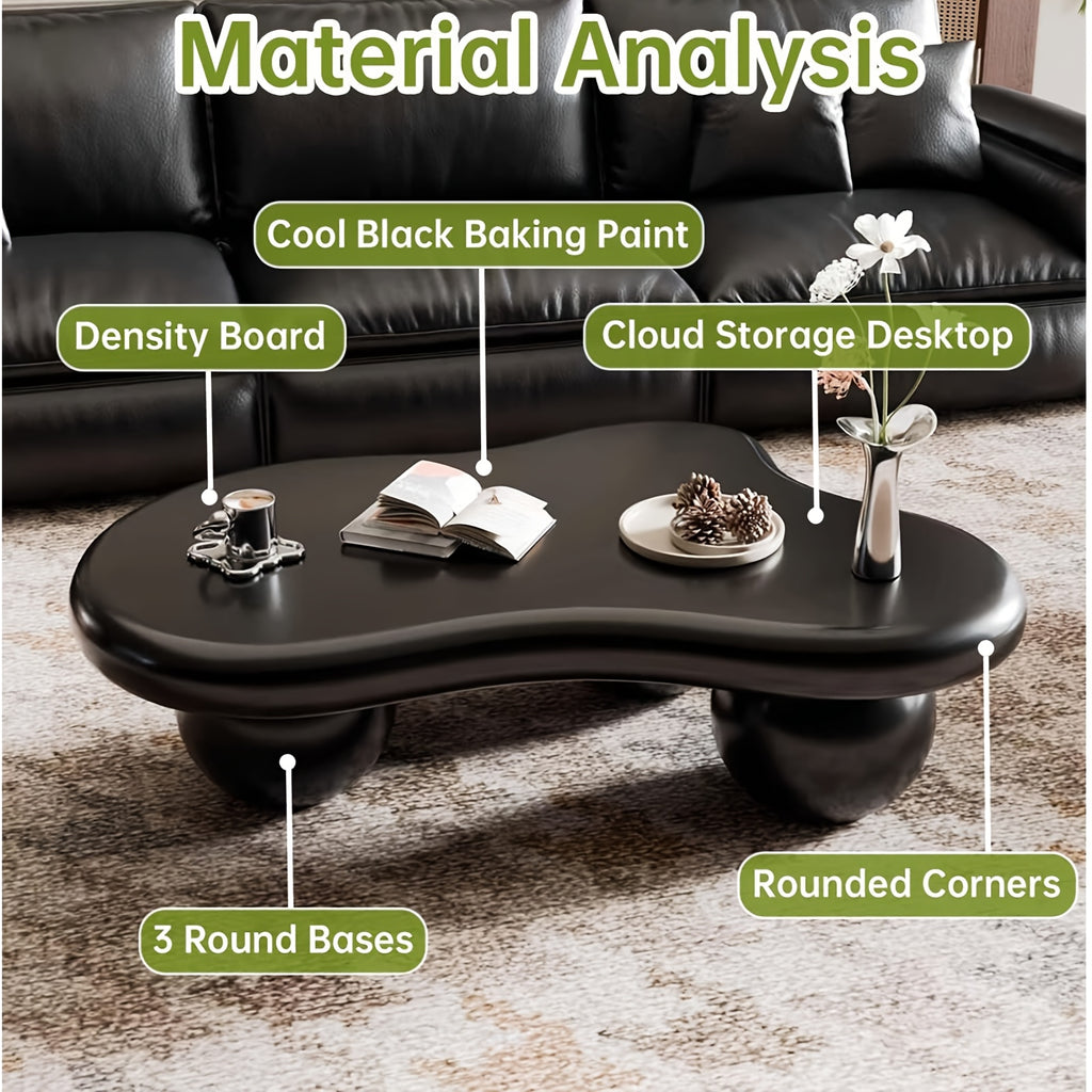 Cloud Coffee Table, Modern Coffee Table For Living Room Apartment, Cartoon Irregular Indoor Tea Table, Cute End Table With Ball 3 Legs, Easy Assemble, Black