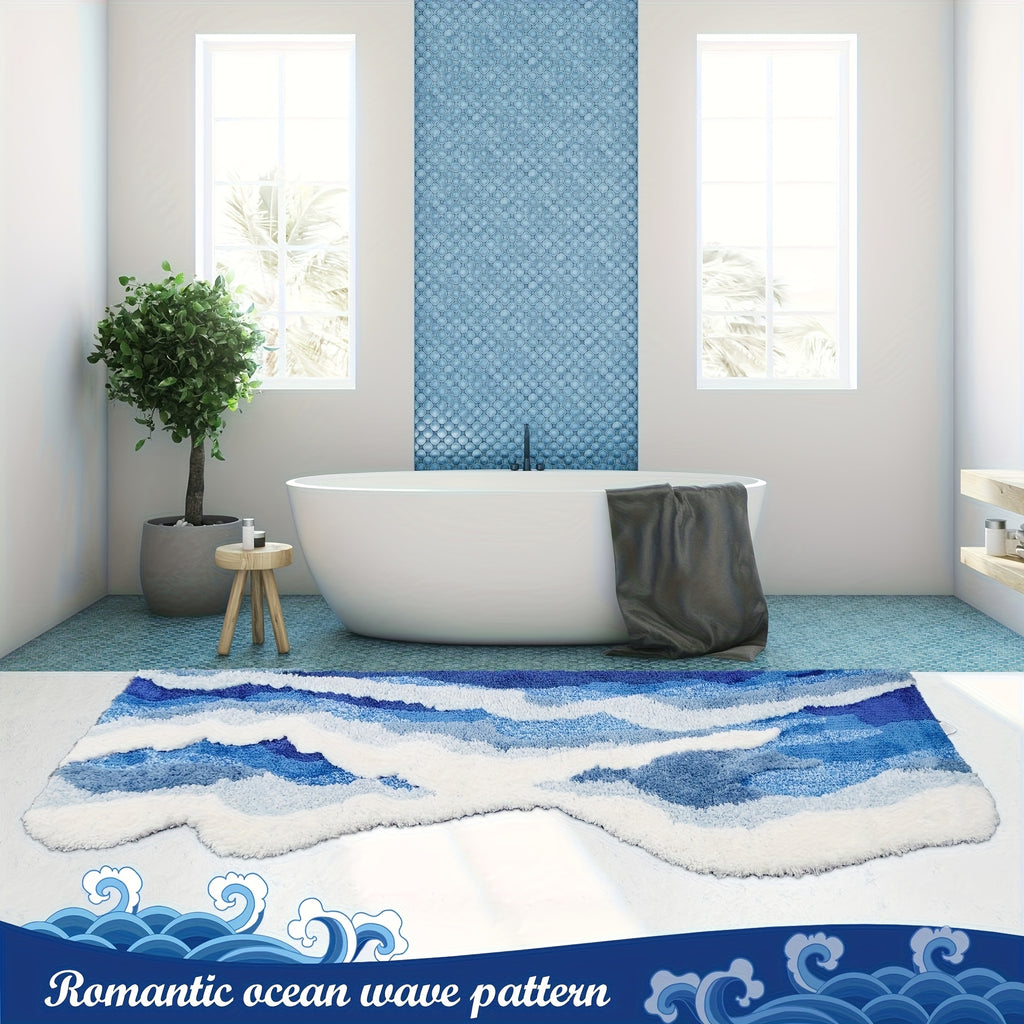 Ocean Wave Area Mat - Soft, Non-Slip, Absorbent Polyester Mat with Blue & White Mountain Design for Bedroom, Living Room, or Bathroom Decor - Machine Washable, Rectangular Shape, Bathroom Mat | Ocean Wave Design | Polyester Mat, Bathroom Mat