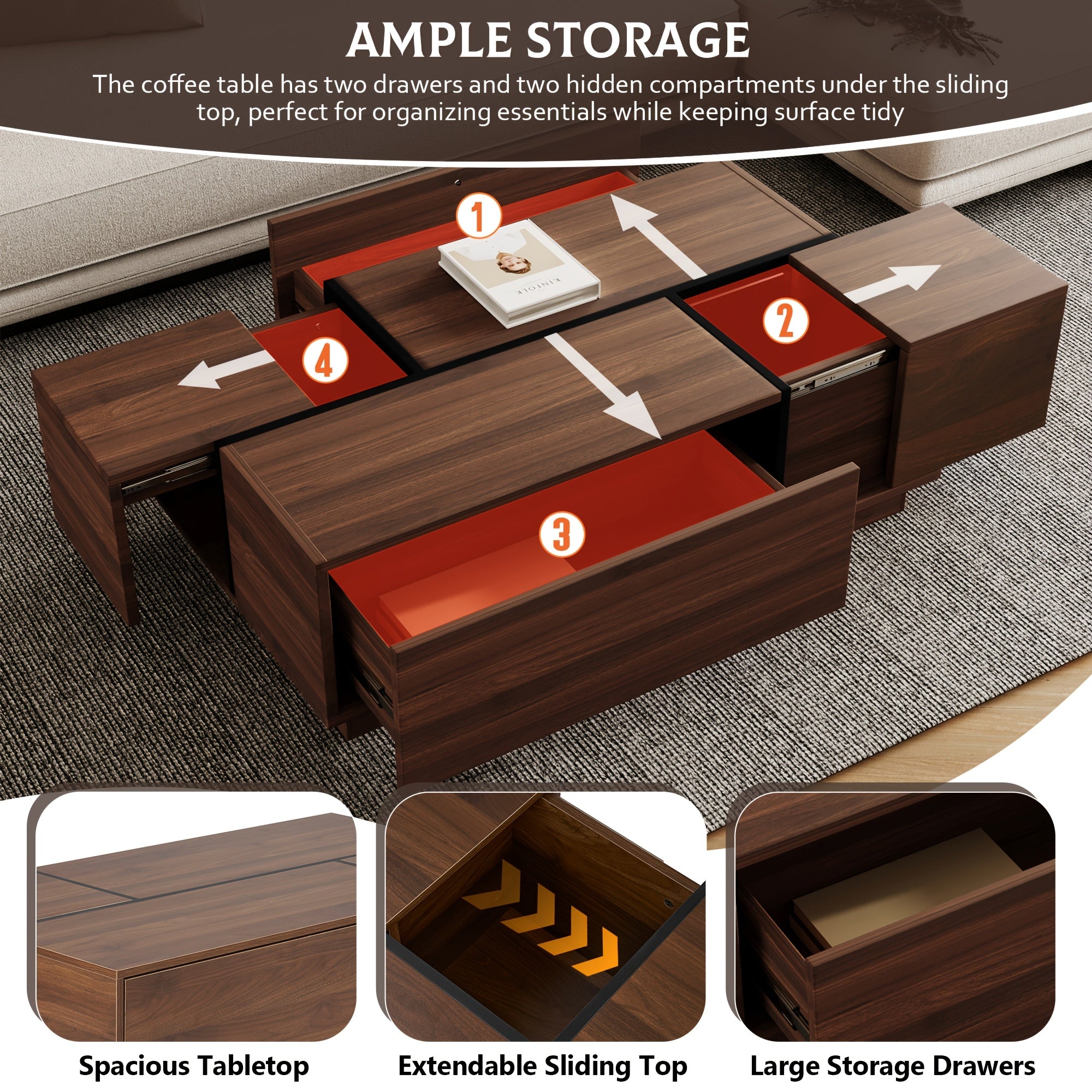 Rectangular Sliding Top Coffee Table with 2 Drawers And 2 Hidden Storage for Living Room 47.2\