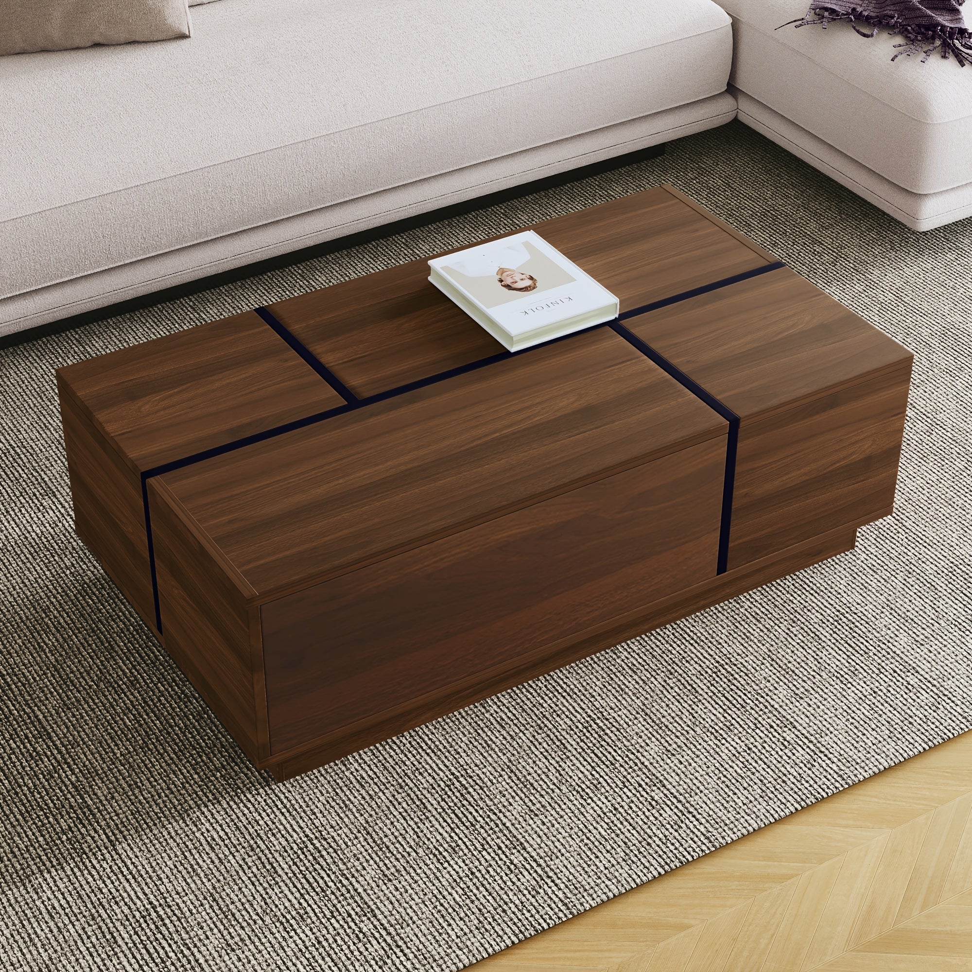 Rectangular Sliding Top Coffee Table with 2 Drawers And 2 Hidden Storage for Living Room 47.2\