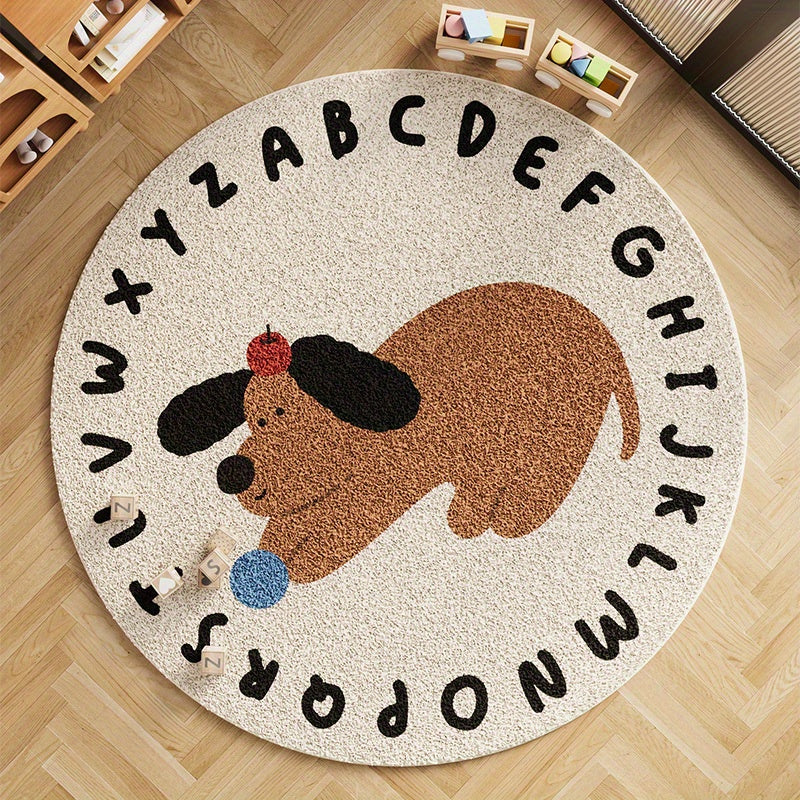 Round Faux Cashmere 1000g\u002F㎡ Carpet, Cartoon Letter Soft Dog Design, Thickened 10mm Plush, Machine Washable, Non-Slip, Home Decor for Living Room, Bedroom, Indoor Use, Polyester, High Pile
