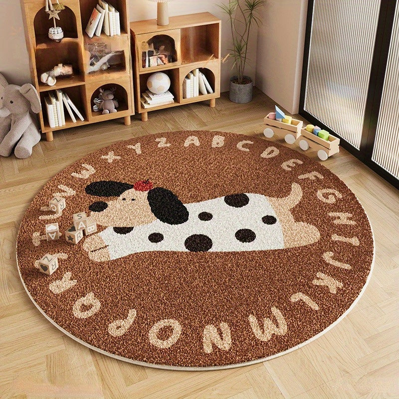 Round Faux Cashmere 1000g\u002F㎡ Carpet, Cartoon Letter Soft Dog Design, Thickened 10mm Plush, Machine Washable, Non-Slip, Home Decor for Living Room, Bedroom, Indoor Use, Polyester, High Pile