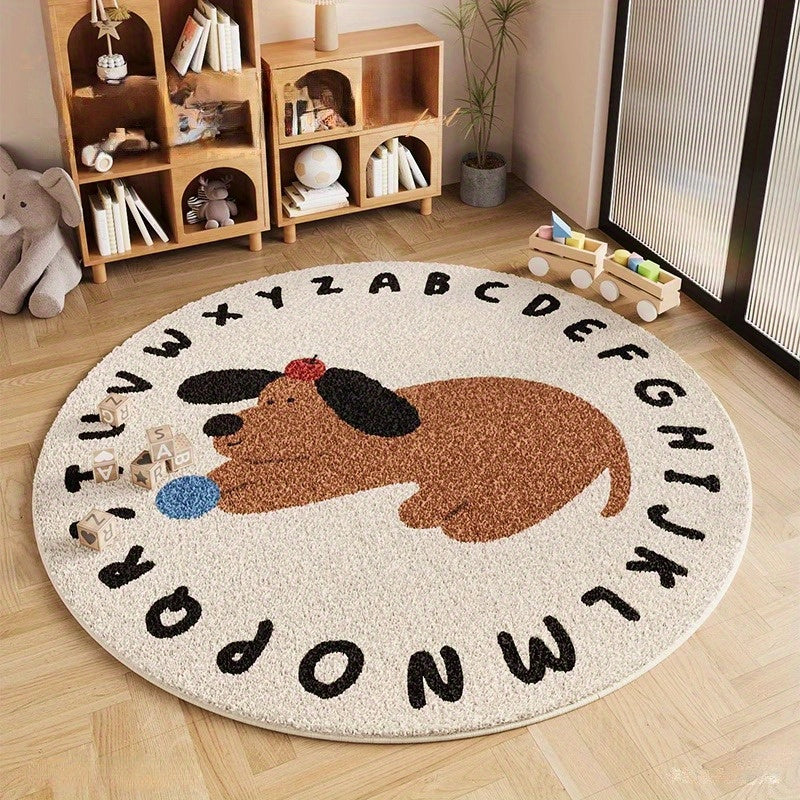 Round Faux Cashmere 1000g\u002F㎡ Carpet, Cartoon Letter Soft Dog Design, Thickened 10mm Plush, Machine Washable, Non-Slip, Home Decor for Living Room, Bedroom, Indoor Use, Polyester, High Pile