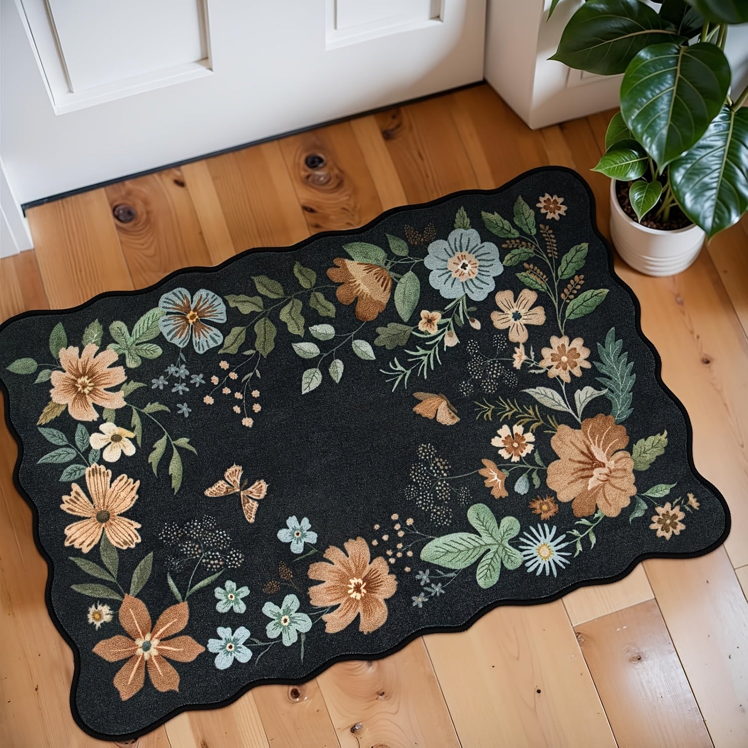 Large Ultra-Thin Floral Area Mat – Washable, Non-Slip,, Lightweight Boho Decor for Bedroom, Living Room, or Office (Black\u002FGrey)