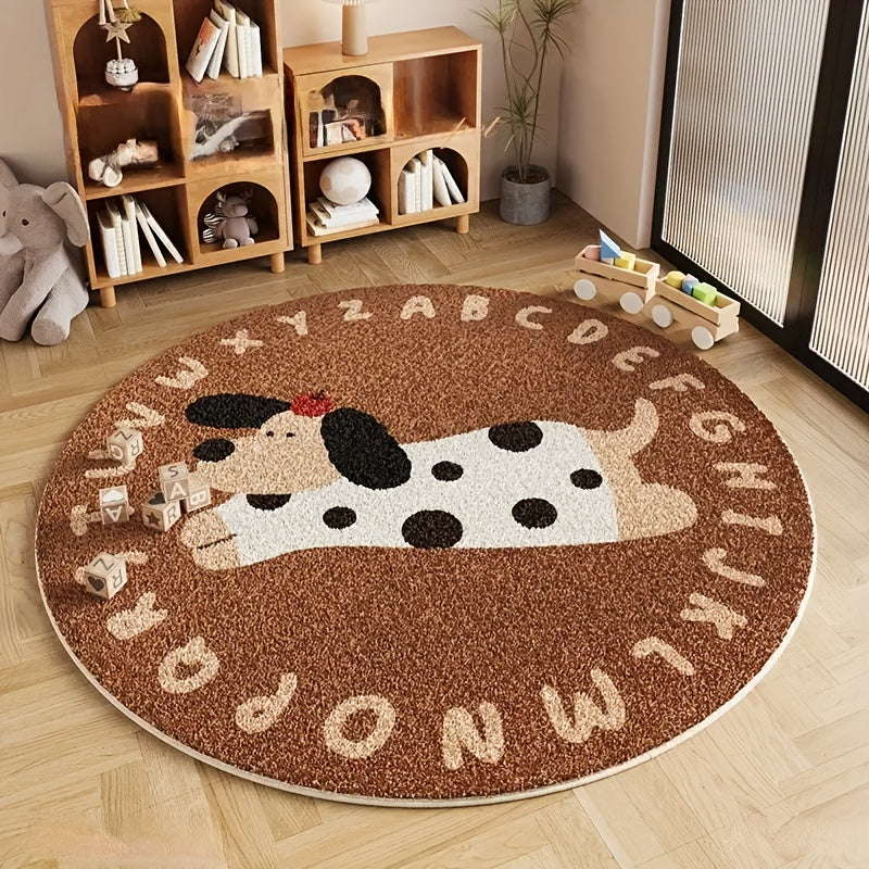 Round Faux Cashmere 1000g\u002F㎡ Carpet, Cartoon Letter Soft Dog Design, Thickened 10mm Plush, Machine Washable, Non-Slip, Home Decor for Living Room, Bedroom, Indoor Use, Polyester, High Pile