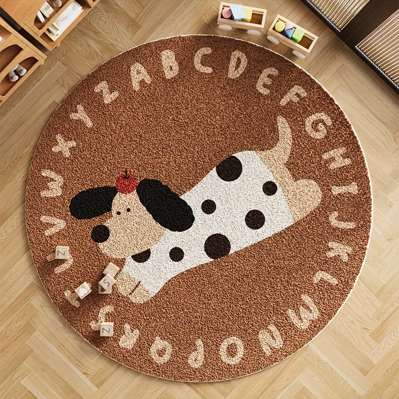 Round Faux Cashmere 1000g\u002F㎡ Carpet, Cartoon Letter Soft Dog Design, Thickened 10mm Plush, Machine Washable, Non-Slip, Home Decor for Living Room, Bedroom, Indoor Use, Polyester, High Pile