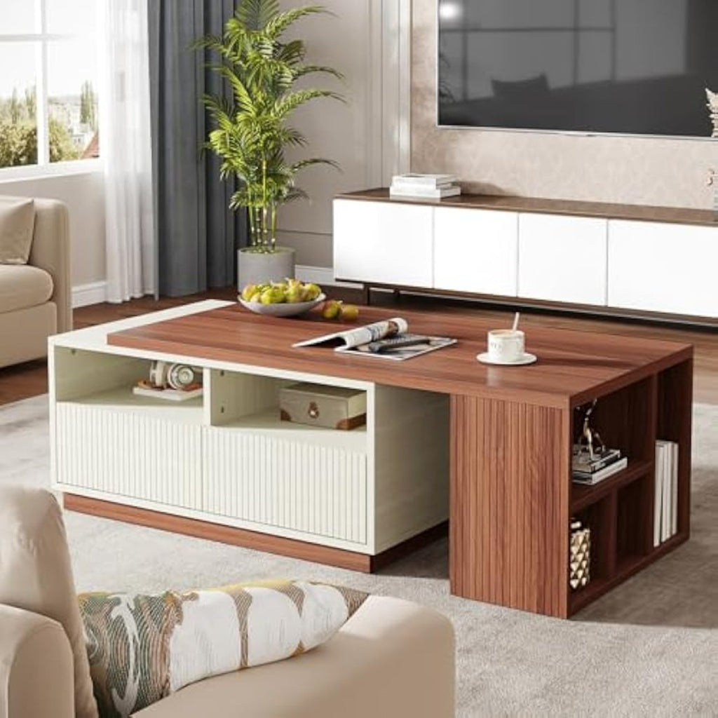 Extendable Coffee Table Missoul Extendable Coffee Table with Storage - Reversible 2-Drawer & Shelf Design, Large Rectangular Center Table for Living Room, White & Walnut (43\