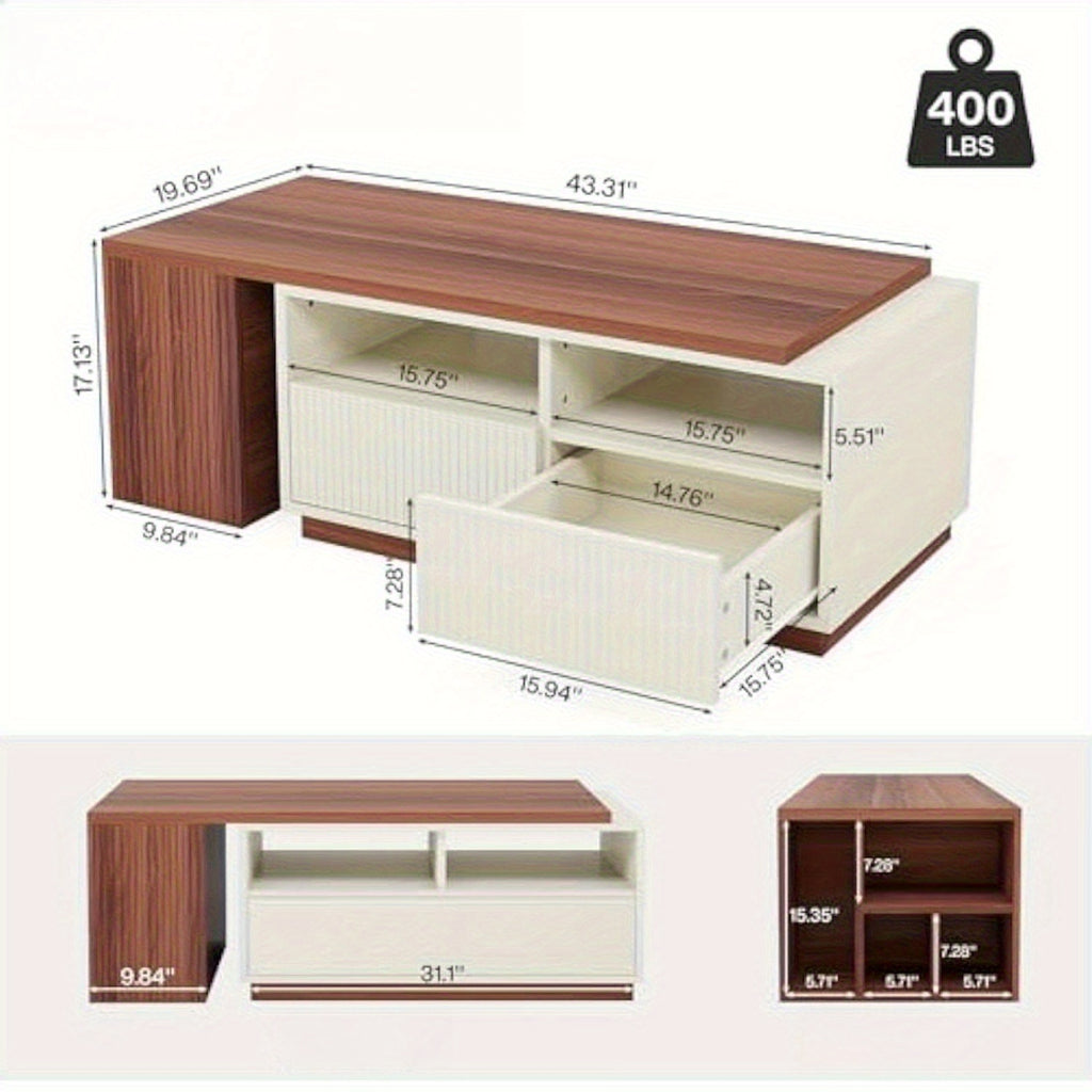 Extendable Coffee Table Missoul Extendable Coffee Table with Storage - Reversible 2-Drawer & Shelf Design, Large Rectangular Center Table for Living Room, White & Walnut (43\