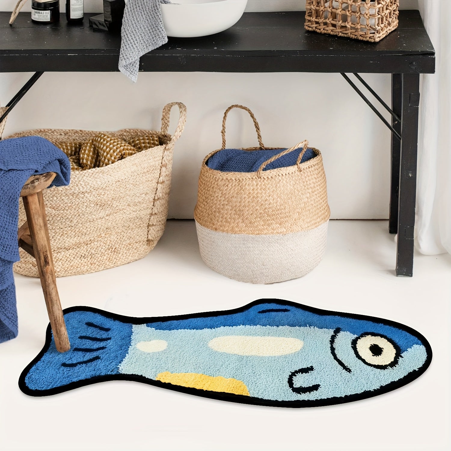 Soft Flannel Mat 1 Blue Fish Cartoon Mat, Soft Comfortable Flannel Material | Washable and Machine Washable, Suitable for Home Decor, Room, Bedroom, Entrance, Kitchen, Perfect Holiday Gift for Family and Friends
