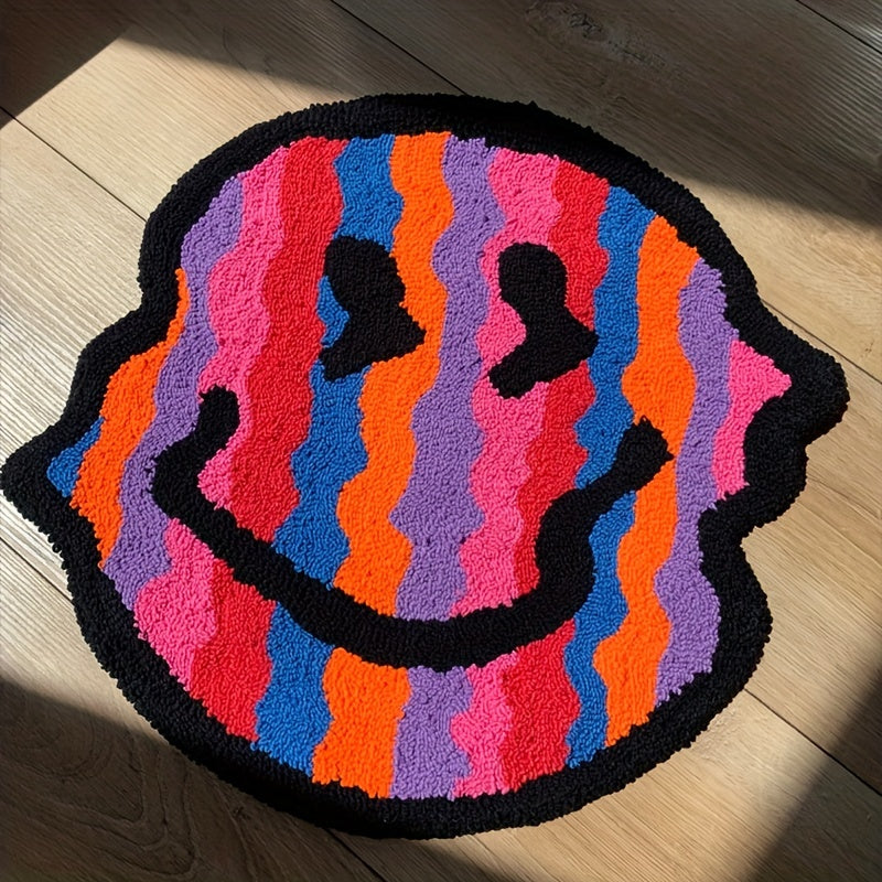 Handmade Plush Mat - Smiling Face Design (Black\u002FBeige) with Plush Pile, Soft Striped Irregular Smiling joyful Face (Smiling Eyes) - Room,, Bedroom, Bathroom - Easy-Clean Rubber Backing, Handmade (Low