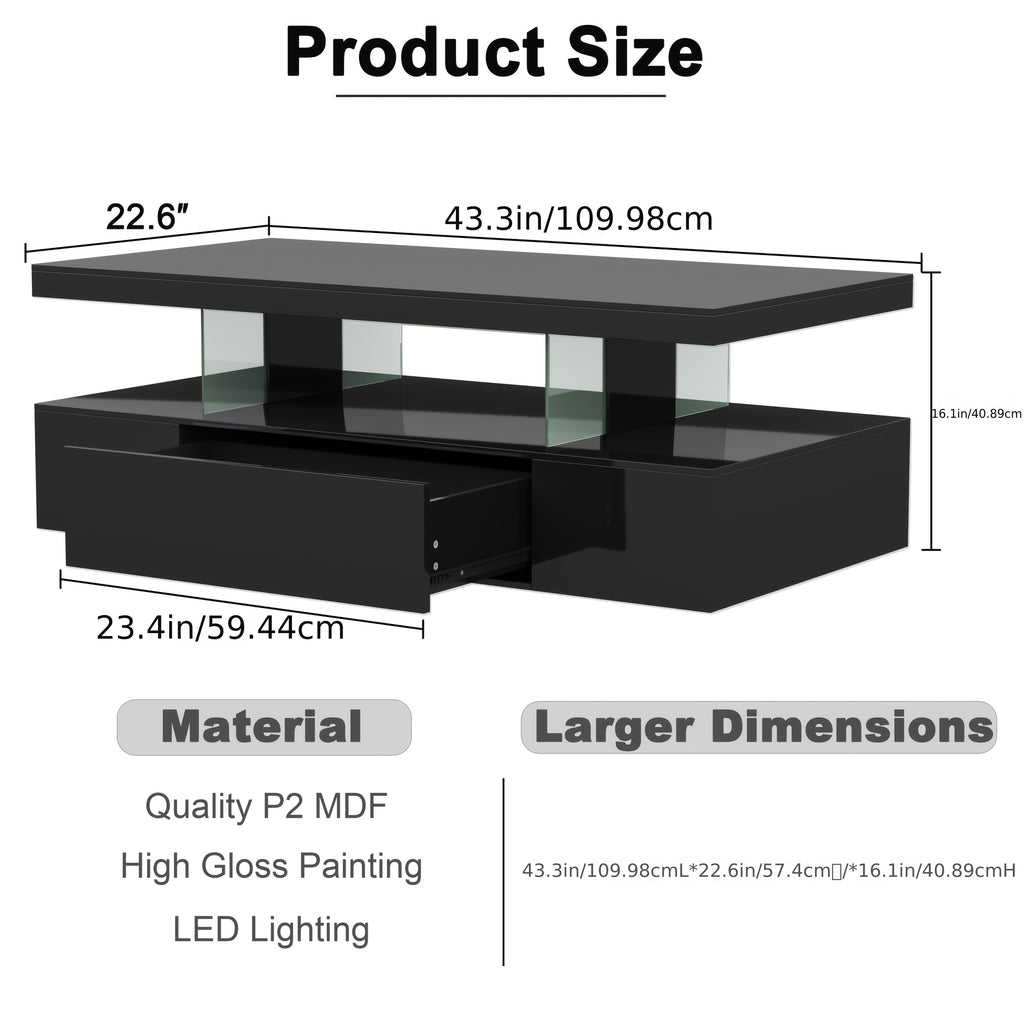Modern LED Coffee Table With Adjustable Lighting - High-Gloss, Durable Wooden Centerpiece For Living Room & Bedroom, Easy Assembly, Space-Saving Design With Open Storage And Sliding Drawer Coffee Table For Living Room