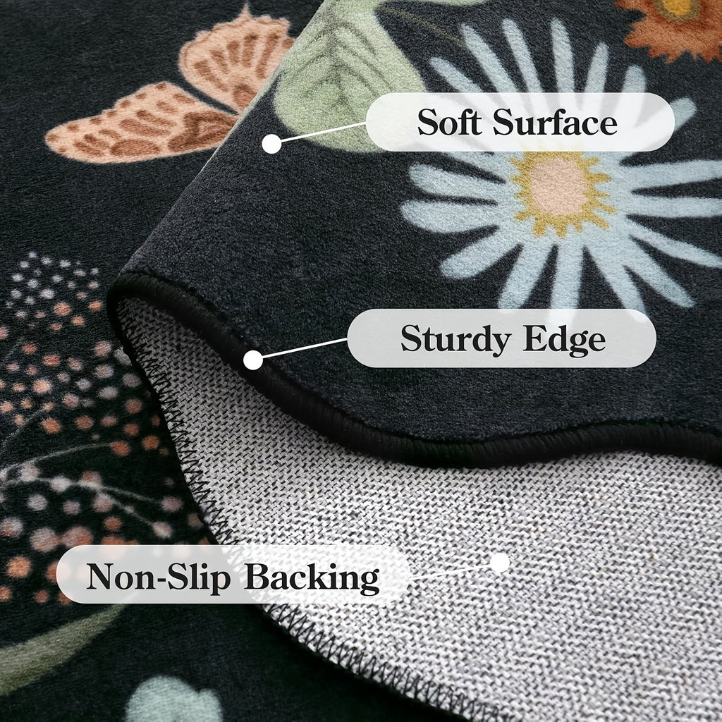 Large Ultra-Thin Floral Area Mat – Washable, Non-Slip,, Lightweight Boho Decor for Bedroom, Living Room, or Office (Black\u002FGrey)