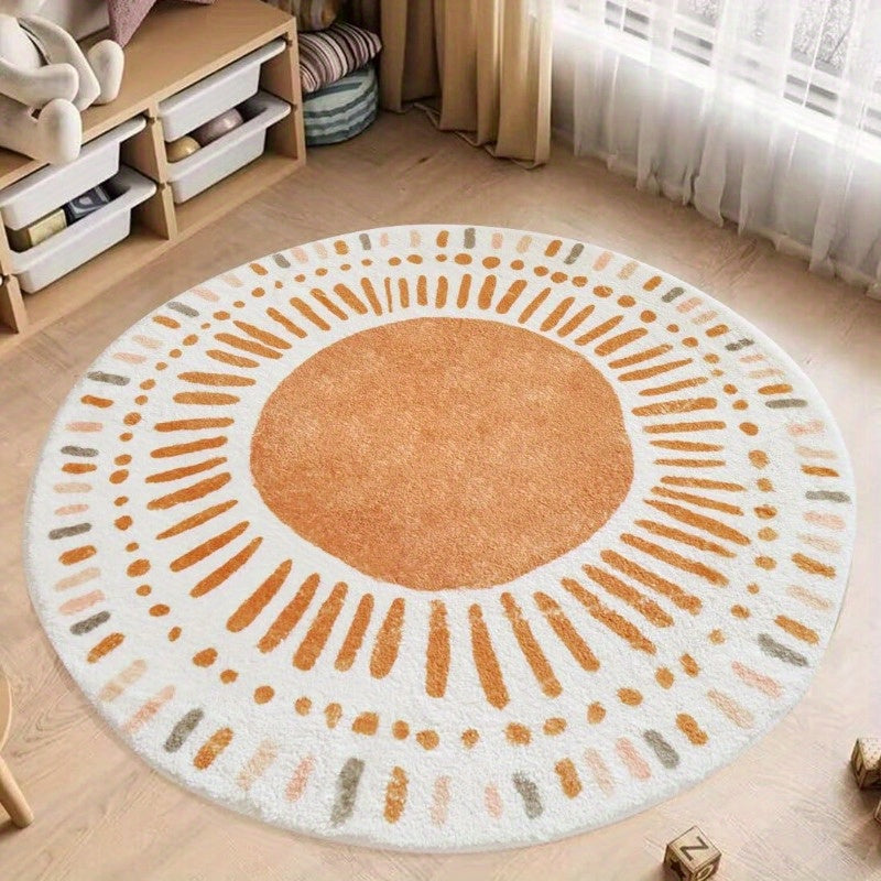 Orange Polka Dot Cartoon Design Carpet for Living Room, Made of Imitation Cashmere, Weighing 1000G And 10Mm Thick, Suitable for Modern Minimalist Bedroom Decor, Featuring a Cute Cream Style, Fluffy And Soft, Round Crawling Mat.