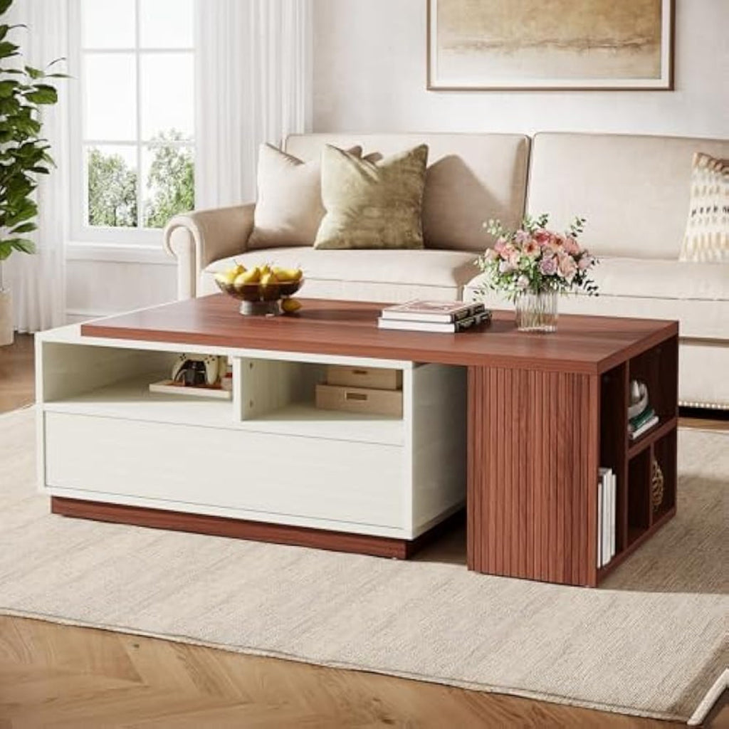 Extendable Coffee Table Missoul Extendable Coffee Table with Storage - Reversible 2-Drawer & Shelf Design, Large Rectangular Center Table for Living Room, White & Walnut (43\