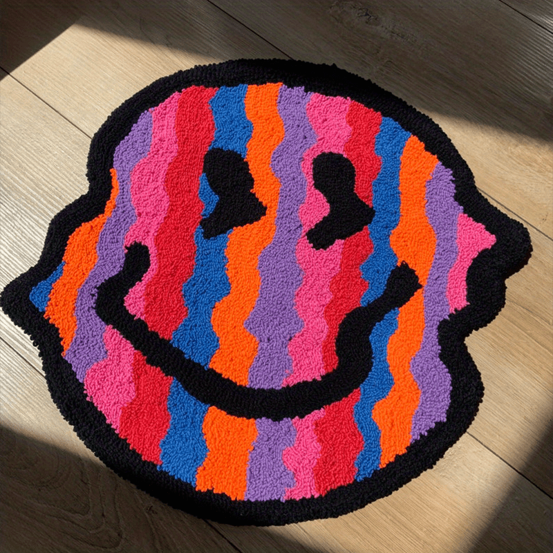 Handmade Plush Mat - Smiling Face Design (Black\u002FBeige) with Plush Pile, Soft Striped Irregular Smiling joyful Face (Smiling Eyes) - Room,, Bedroom, Bathroom - Easy-Clean Rubber Backing, Handmade (Low