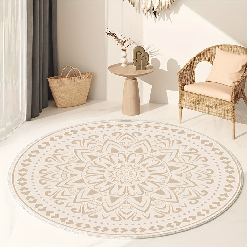 Modern Geometric Pattern Mat Bohemian Style Retro Cream Color Round Mat Soft and Fluffy 1000g\u002Fm² Thickened Imitation Cashmere 10mm High-end Plush Mat for Living Room Bedroom Home Decoration Non-slip Washable