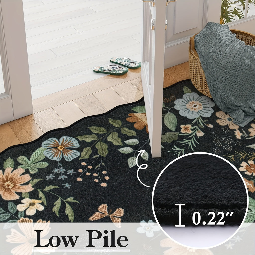 Large Ultra-Thin Floral Area Mat – Washable, Non-Slip,, Lightweight Boho Decor for Bedroom, Living Room, or Office (Black\u002FGrey)