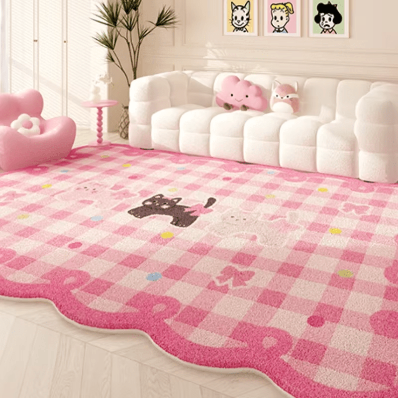 Fluffy Plaid Area Rug High Pile Fluffy Plaid Area Rug - Non-Slip Washable Polyester Carpet - Irregular Pink Decorative Mat for Bedroom, Indoor, Room