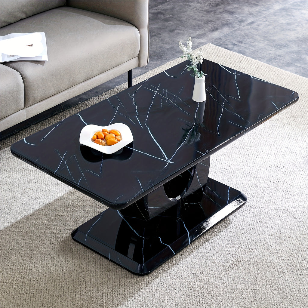 Modern Minimalist Black Faux Marble Pattern Sticker Pattern Rectangular Coffee Table, Large Modern Versatile Coffee Table For Living Room, Rectangular Center Table Tea Table Accent Furniture, Suitable For Multiple Scenarios, Easy To Install (Black)