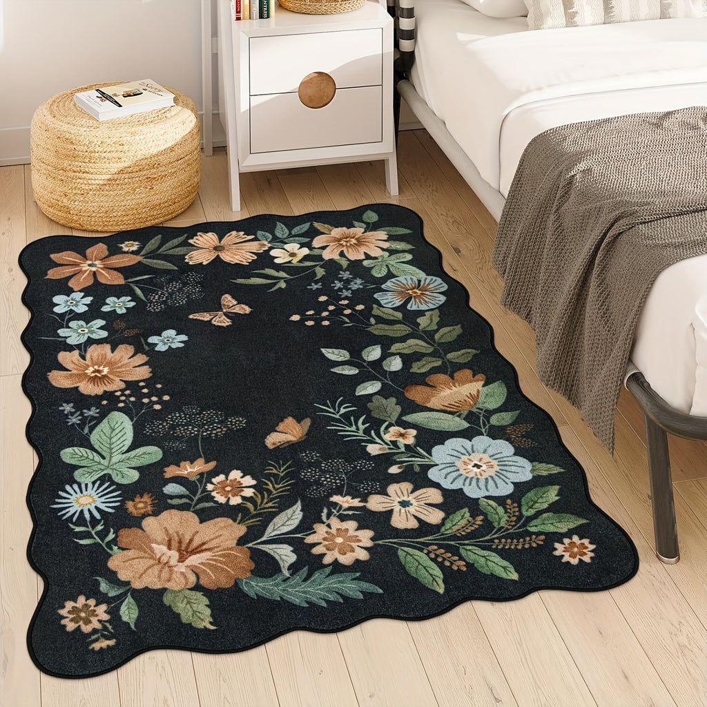 Large Ultra-Thin Floral Area Mat – Washable, Non-Slip,, Lightweight Boho Decor for Bedroom, Living Room, or Office (Black\u002FGrey)