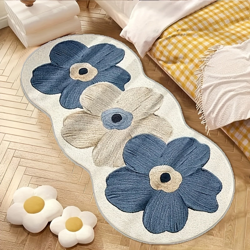1pc Velvet Oil Painting Floral Bedside Mat - Non-Slip Latex Dot Backing, Machine Washable for Living Room, Bedroom, Vanity, Bathroom - Soft & Stylish Home Decor Mat