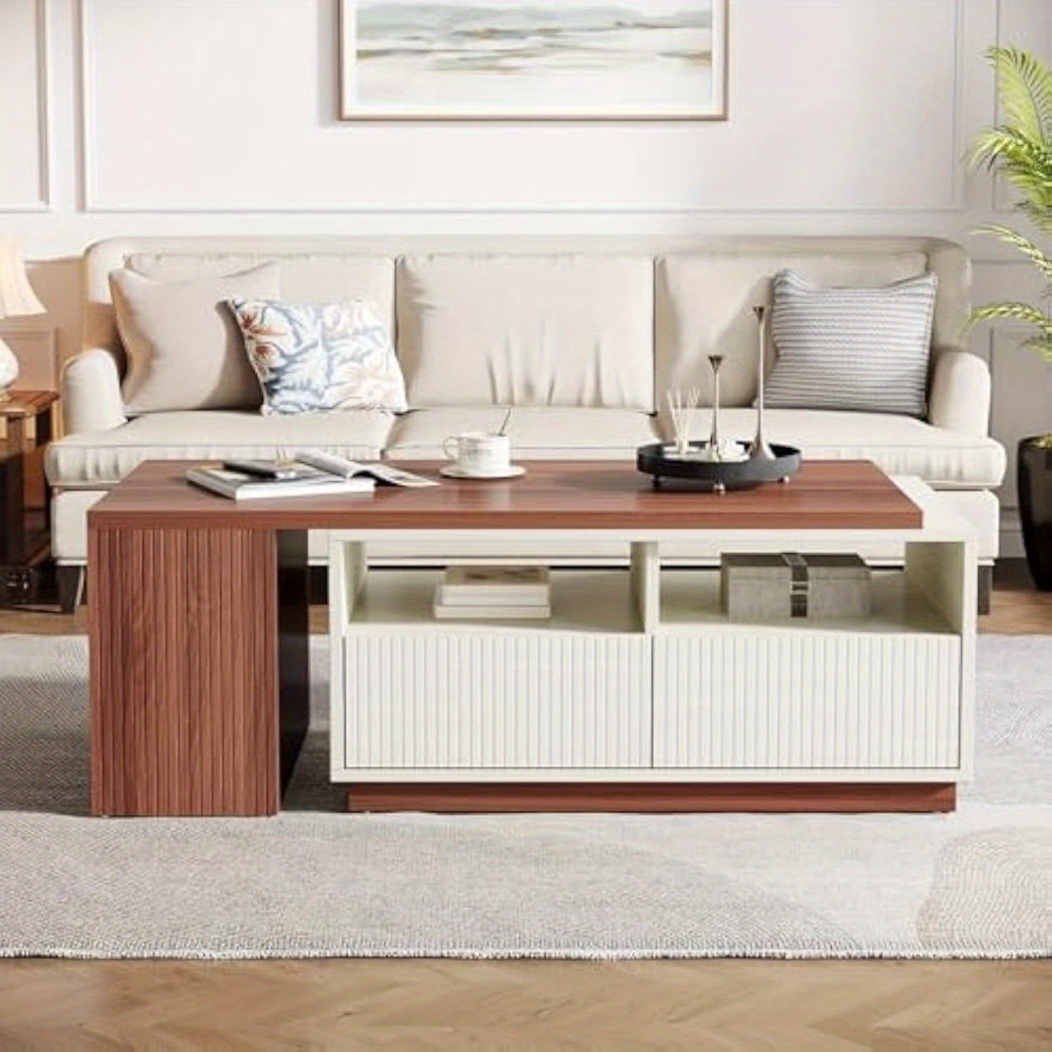 Extendable Coffee Table Missoul Extendable Coffee Table with Storage - Reversible 2-Drawer & Shelf Design, Large Rectangular Center Table for Living Room, White & Walnut (43\