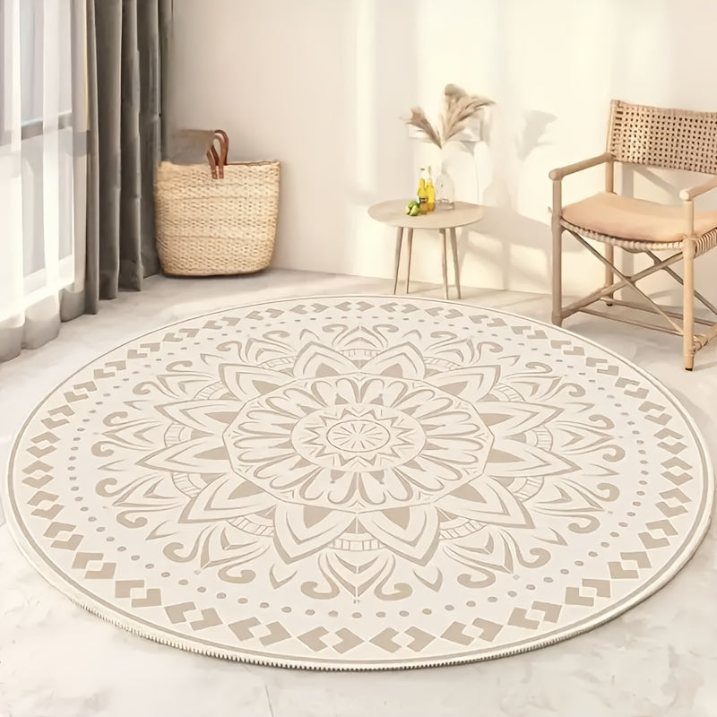 Modern Geometric Pattern Mat Bohemian Style Retro Cream Color Round Mat Soft and Fluffy 1000g\u002Fm² Thickened Imitation Cashmere 10mm High-end Plush Mat for Living Room Bedroom Home Decoration Non-slip Washable