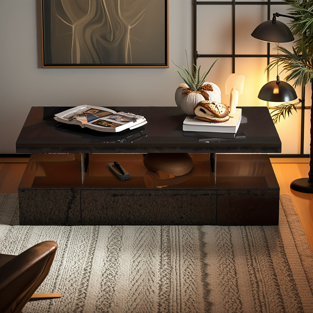 Modern LED Coffee Table With Adjustable Lighting - High-Gloss, Durable Wooden Centerpiece For Living Room & Bedroom, Easy Assembly, Space-Saving Design With Open Storage And Sliding Drawer Coffee Table For Living Room