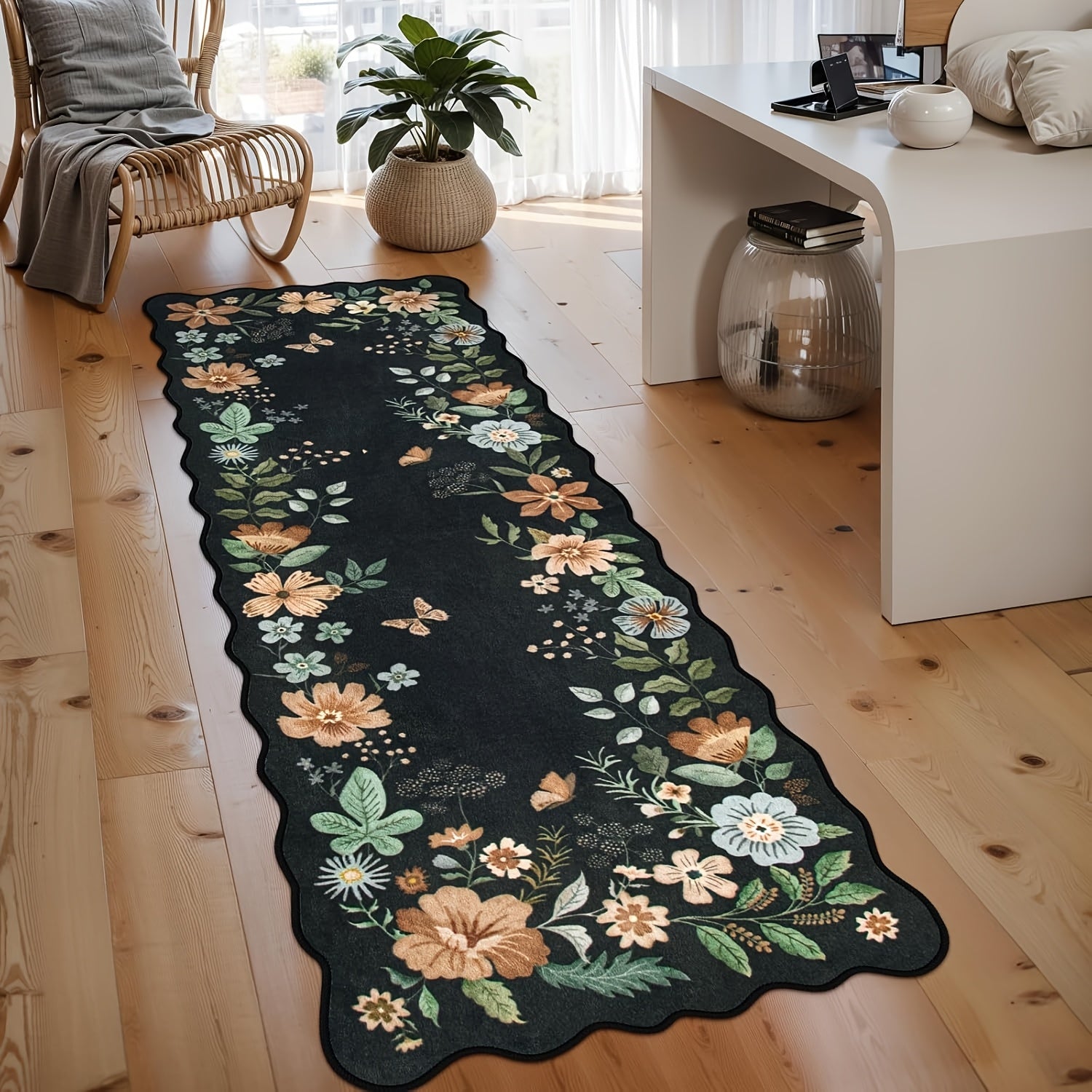 Large Ultra-Thin Floral Area Mat – Washable, Non-Slip,, Lightweight Boho Decor for Bedroom, Living Room, or Office (Black\u002FGrey)