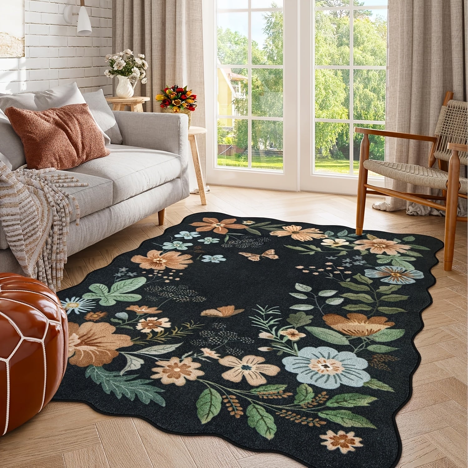 Large Ultra-Thin Floral Area Mat – Washable, Non-Slip,, Lightweight Boho Decor for Bedroom, Living Room, or Office (Black\u002FGrey)