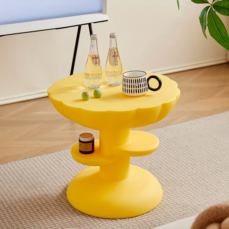 Modern Yellow Plastic Flower-Shaped Coffee Table with Two Tiers - Stylish Home Decor for Small Spaces, Perfect for Organizing Essentials, Small Space Furniture | Contemporary Decor | Lightweight Table, Coffee Table for Living Room