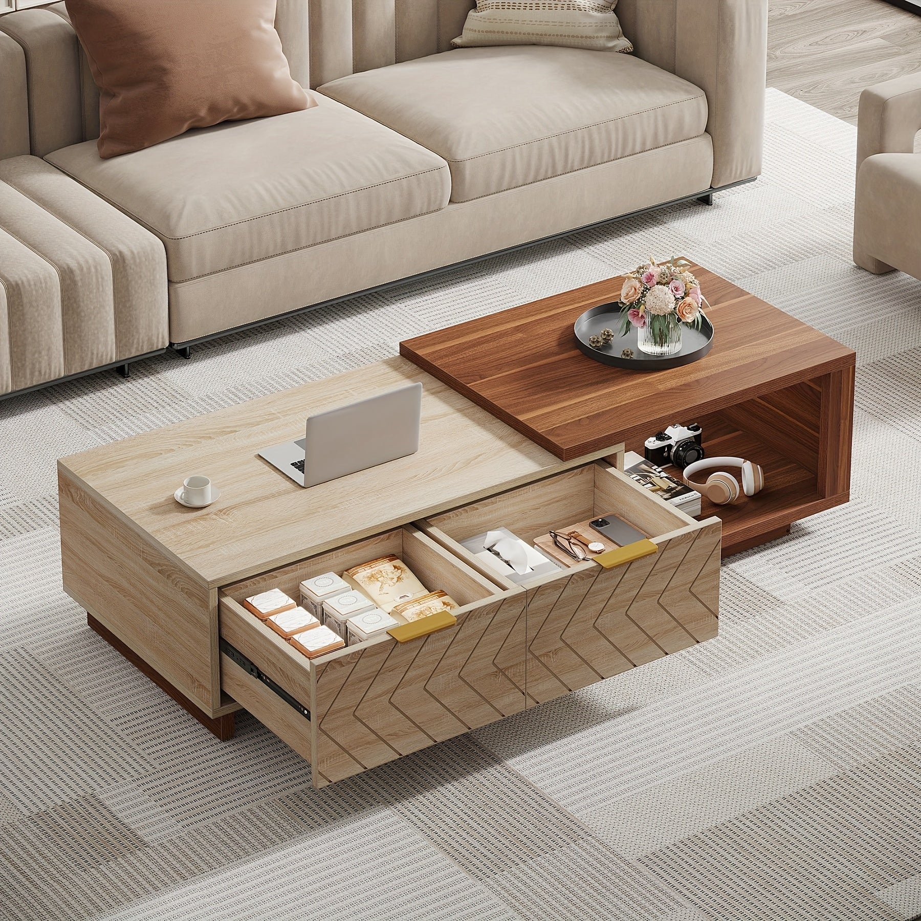 Extendable Coffee Table with Dual-Tone Walnut & Oak - Adjustable Length (42\