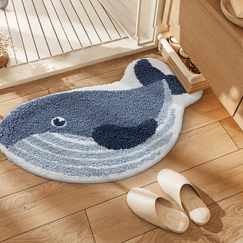 Whale-Shaped Plush Area Mat - Soft, Non-Slip, Washable Polyester Floor Mat with Realistic Whale Design, Ideal for Bedroom, Living Room, and Bathroom Decor, Bathroom Mat|Whale Motif|Machine Washable Mat, Whale Decor