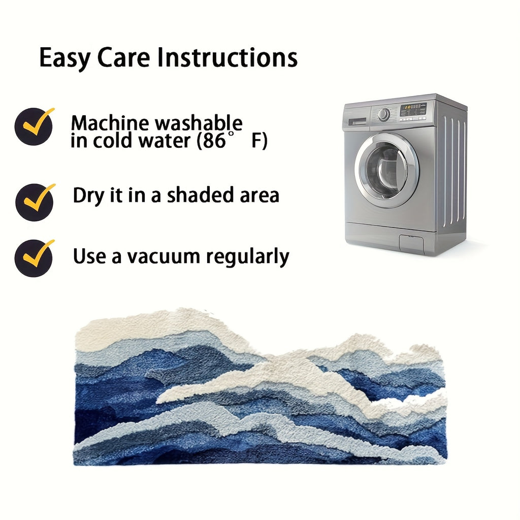 Ocean Wave Area Mat - Soft, Non-Slip, Absorbent Polyester Mat with Blue & White Mountain Design for Bedroom, Living Room, or Bathroom Decor - Machine Washable, Rectangular Shape, Bathroom Mat | Ocean Wave Design | Polyester Mat, Bathroom Mat
