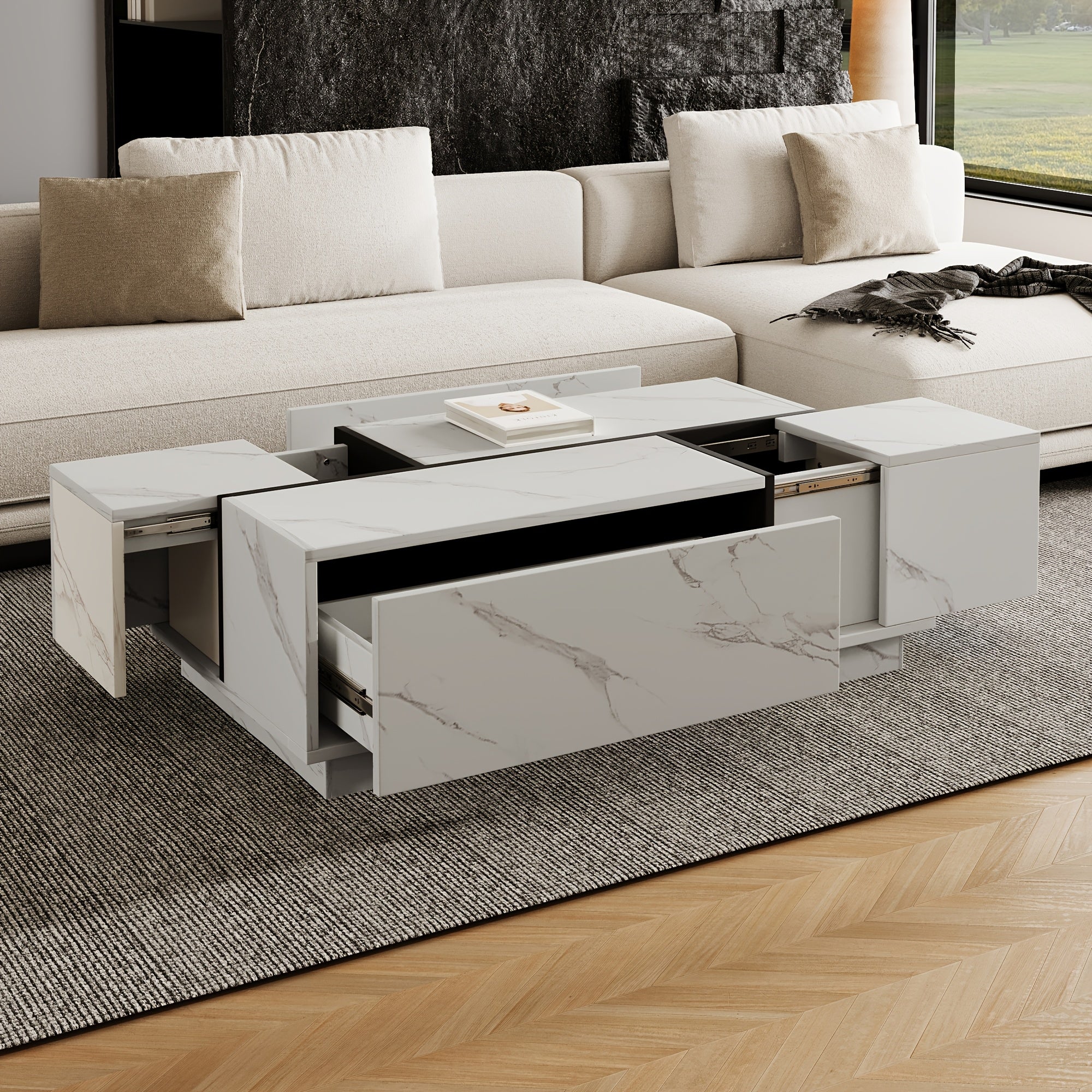 Rectangular Sliding Top Coffee Table with 2 Drawers And 2 Hidden Storage for Living Room 47.2\