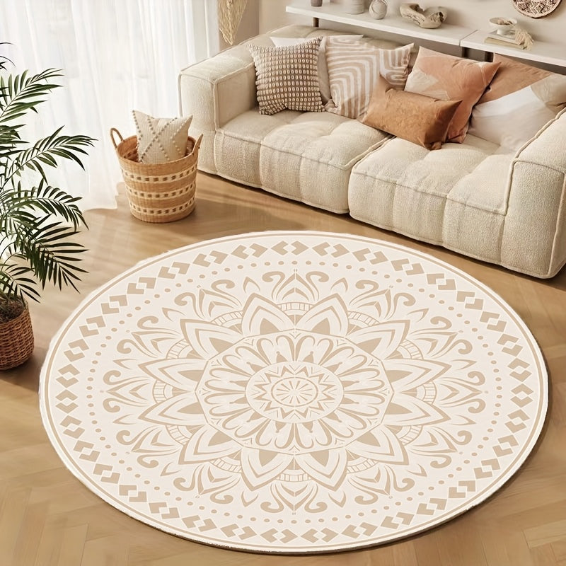 Modern Geometric Pattern Mat Bohemian Style Retro Cream Color Round Mat Soft and Fluffy 1000g\u002Fm² Thickened Imitation Cashmere 10mm High-end Plush Mat for Living Room Bedroom Home Decoration Non-slip Washable
