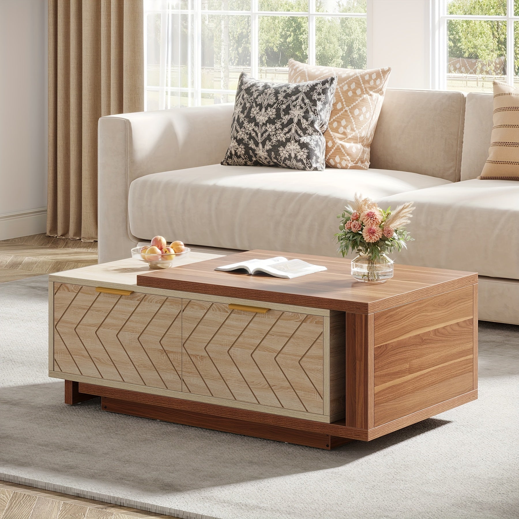 Extendable Coffee Table with Dual-Tone Walnut & Oak - Adjustable Length (42\