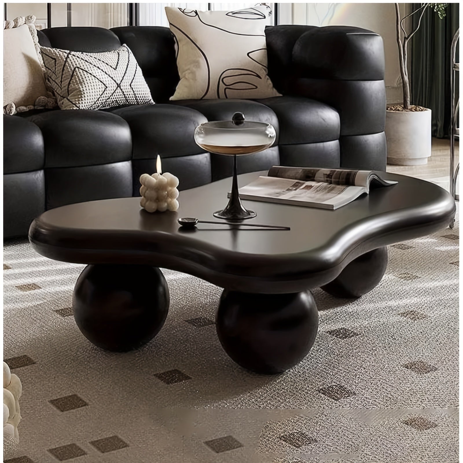 Cloud Coffee Table, Modern Coffee Table For Living Room Apartment, Cartoon Irregular Indoor Tea Table, Cute End Table With Ball 3 Legs, Easy Assemble, Black