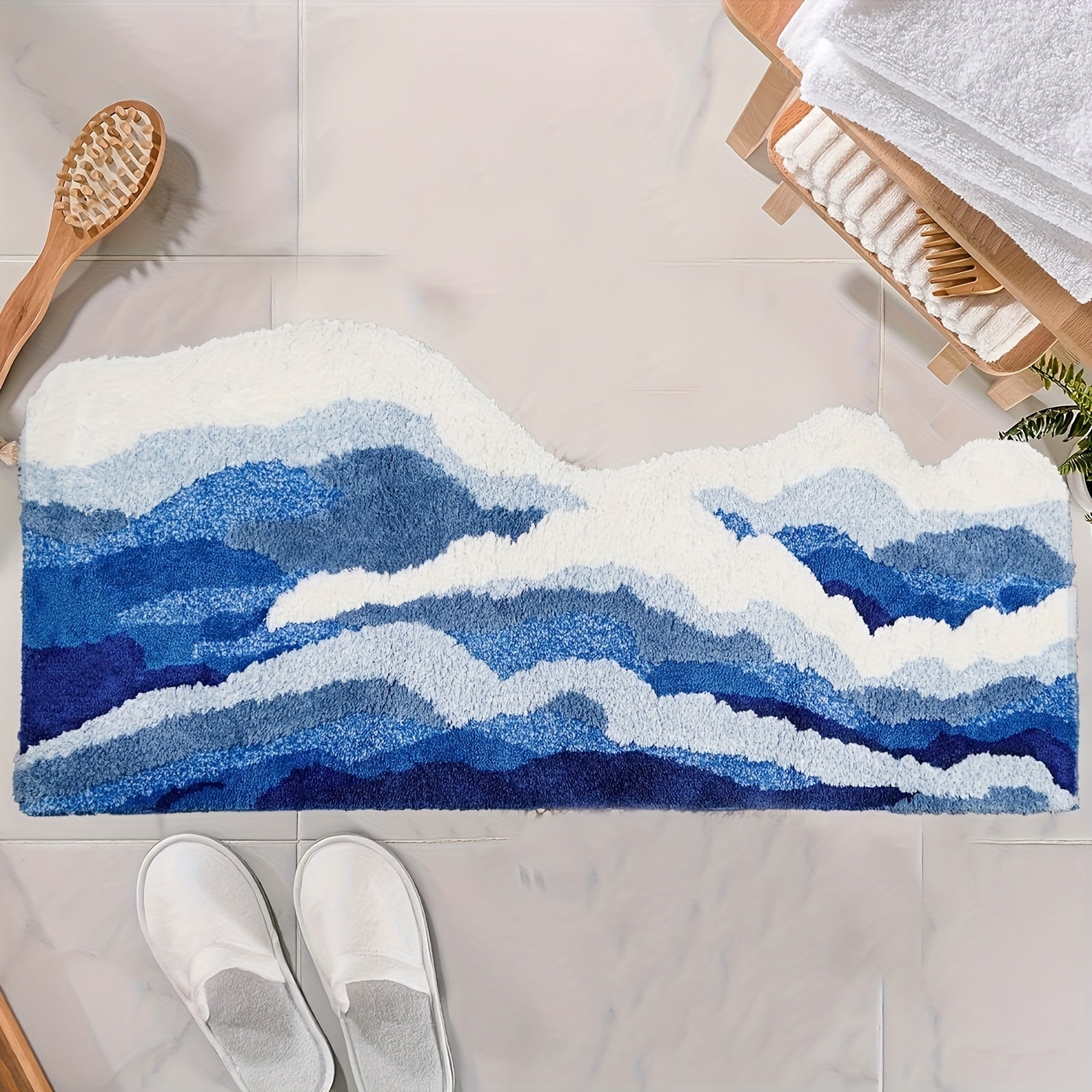 Ocean Wave Area Mat - Soft, Non-Slip, Absorbent Polyester Mat with Blue & White Mountain Design for Bedroom, Living Room, or Bathroom Decor - Machine Washable, Rectangular Shape, Bathroom Mat | Ocean Wave Design | Polyester Mat, Bathroom Mat