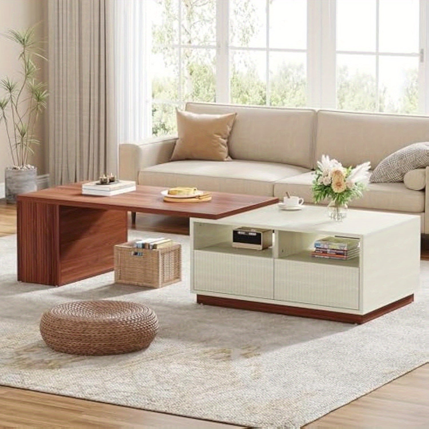 Extendable Coffee Table Missoul Extendable Coffee Table with Storage - Reversible 2-Drawer & Shelf Design, Large Rectangular Center Table for Living Room, White & Walnut (43\