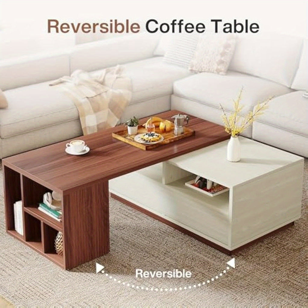 Extendable Coffee Table Missoul Extendable Coffee Table with Storage - Reversible 2-Drawer & Shelf Design, Large Rectangular Center Table for Living Room, White & Walnut (43\