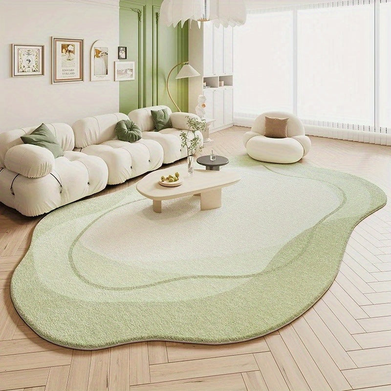 Soft Plush Cream Area Mat - Washable, Non-Slip, Irregular Shape, Suitable for Living Room and Bedroom Decor, Modern French Style, Light Green Background, Flowing Pattern, Comfortable and Elegant Design, Living Room Mat