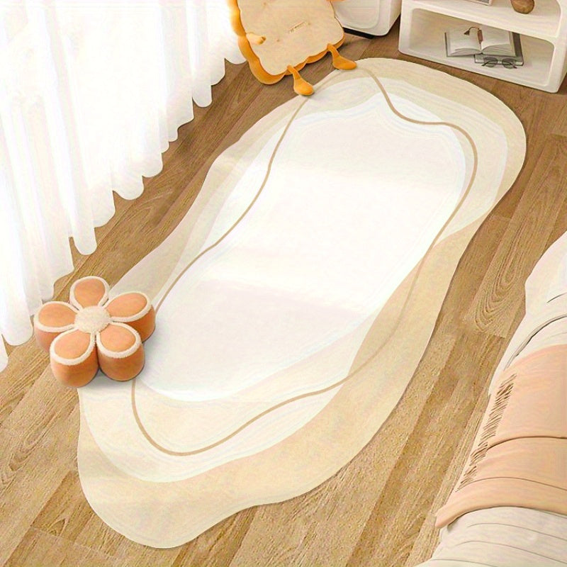 Soft Plush Cream Area Mat - Washable, Non-Slip, Irregular Shape, Suitable for Living Room and Bedroom Decor, Modern French Style, Light Green Background, Flowing Pattern, Comfortable and Elegant Design, Living Room Mat