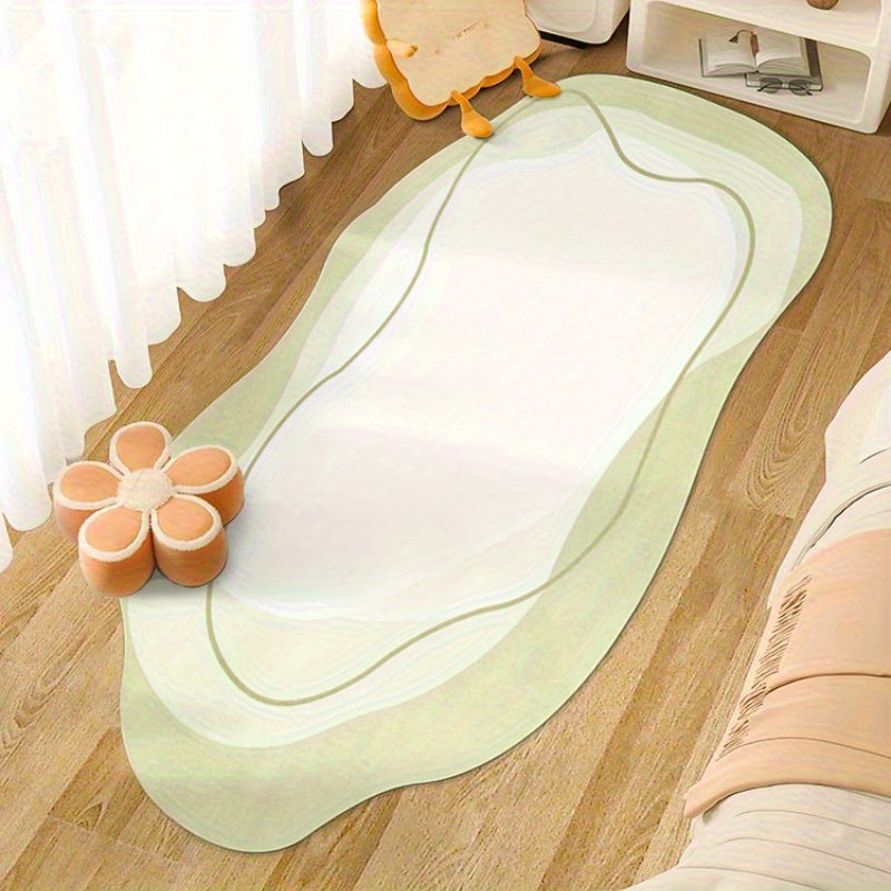 Soft Plush Cream Area Mat - Washable, Non-Slip, Irregular Shape, Suitable for Living Room and Bedroom Decor, Modern French Style, Light Green Background, Flowing Pattern, Comfortable and Elegant Design, Living Room Mat