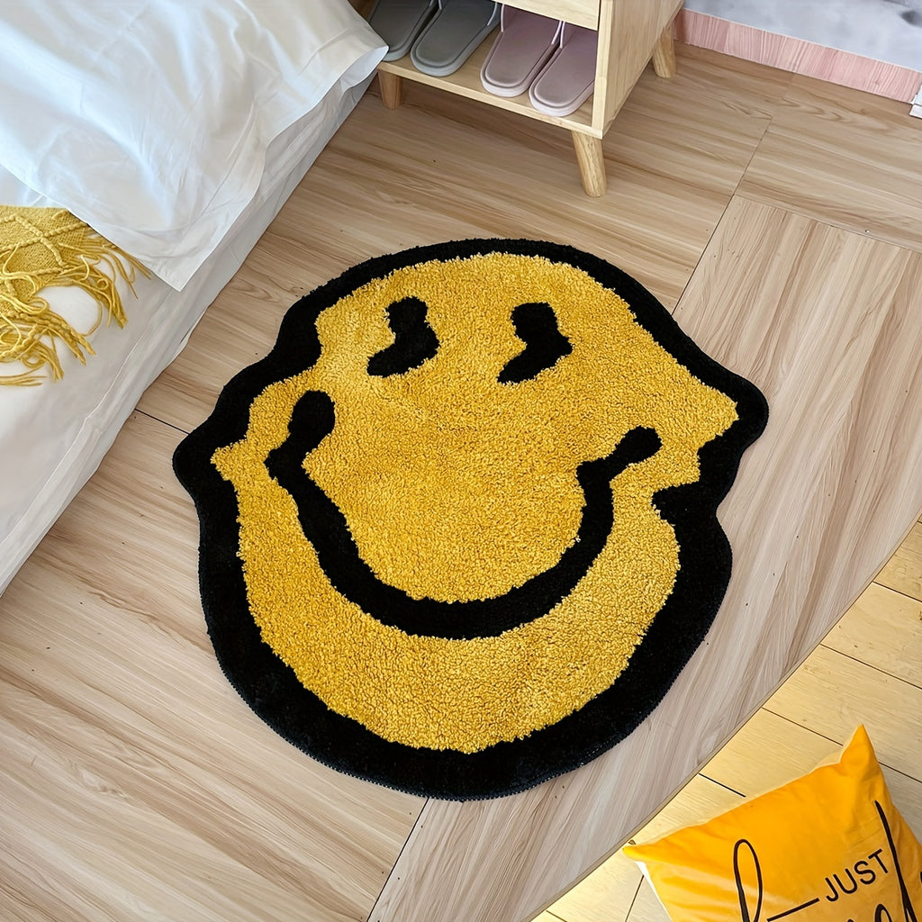 Handmade Plush Mat - Smiling Face Design (Black\u002FBeige) with Plush Pile, Soft Striped Irregular Smiling joyful Face (Smiling Eyes) - Room,, Bedroom, Bathroom - Easy-Clean Rubber Backing, Handmade (Low