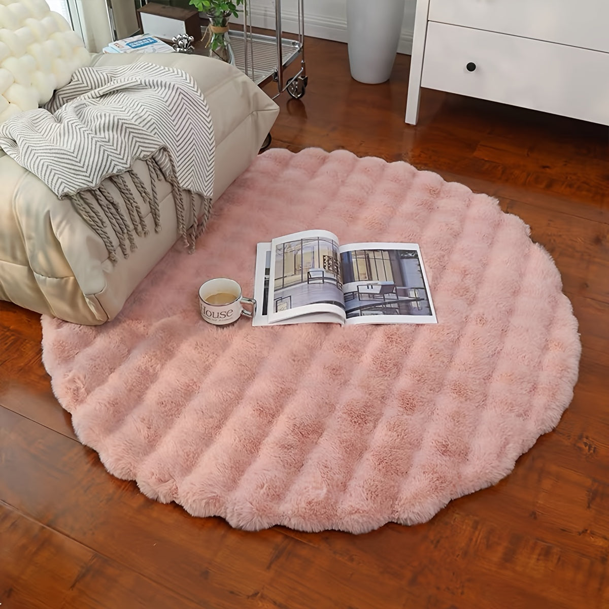 1pc, Round Bubble Fleece Fabric Simple Solid Color Fluffy Soft Comfortable Easy To Clean Furry Warm Cute Indoor Decorative Carpet, Four Colors Available, Suitable For Bedroom, Living Room, Clothes Room, Vanity And Other Areas 35.43*35.43in (90*90cm)