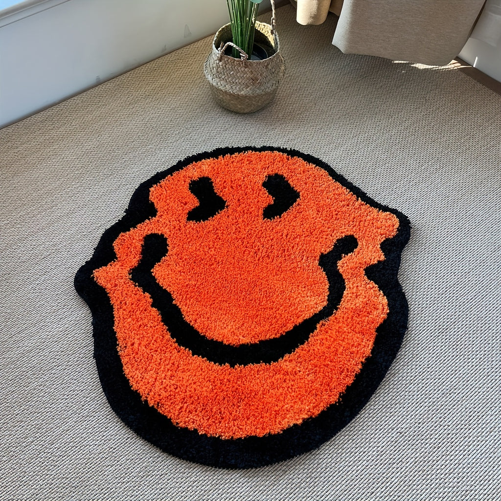 Handmade Plush Mat - Smiling Face Design (Black\u002FBeige) with Plush Pile, Soft Striped Irregular Smiling joyful Face (Smiling Eyes) - Room,, Bedroom, Bathroom - Easy-Clean Rubber Backing, Handmade (Low
